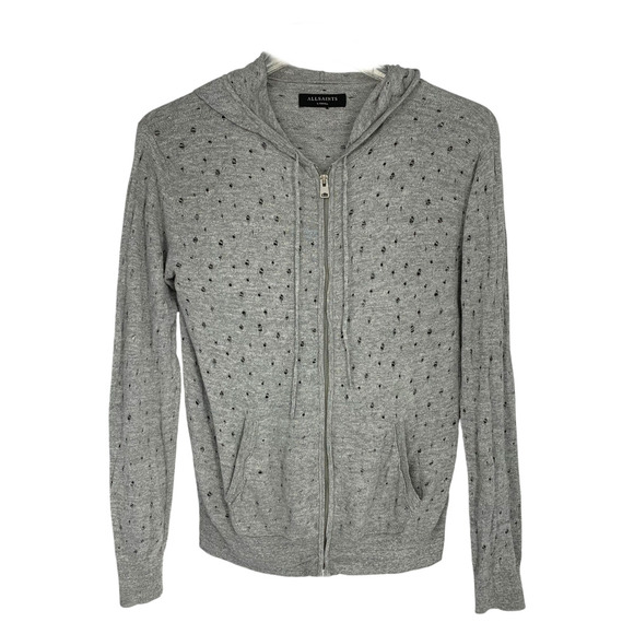 AllSaints Blink Hoody Jumper Unisex Sz XS Full Zip Distressed Ripped Linen Blend - Picture 2 of 8